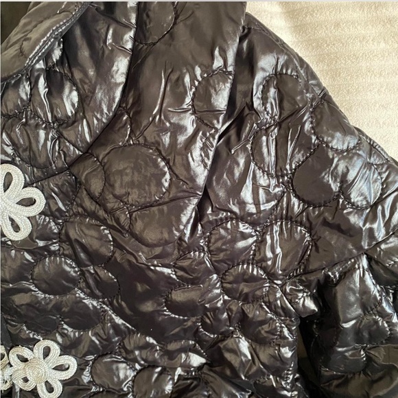 Black Quilted puffy Jacket with Floral Embellishments - Picture 3 of 5